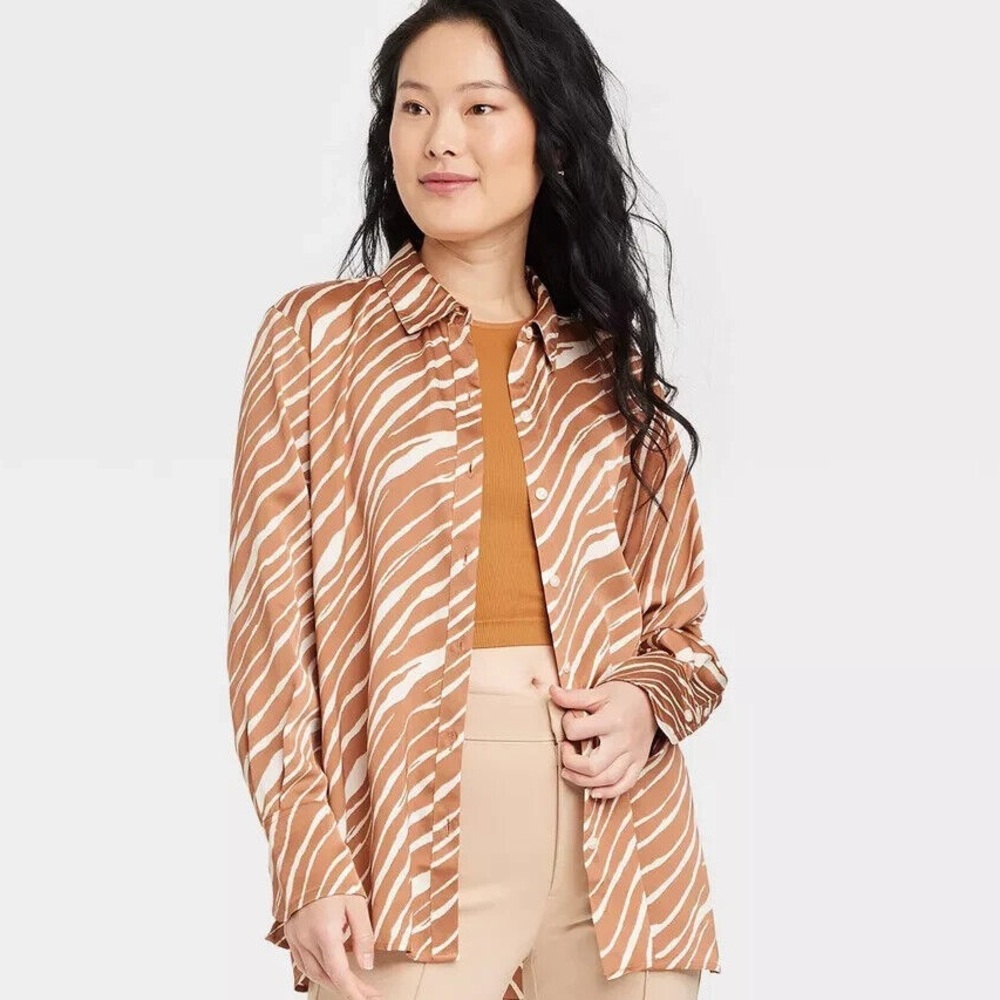 A New Day Long Sleeve Satin Brown & White Zebra Print Blouse